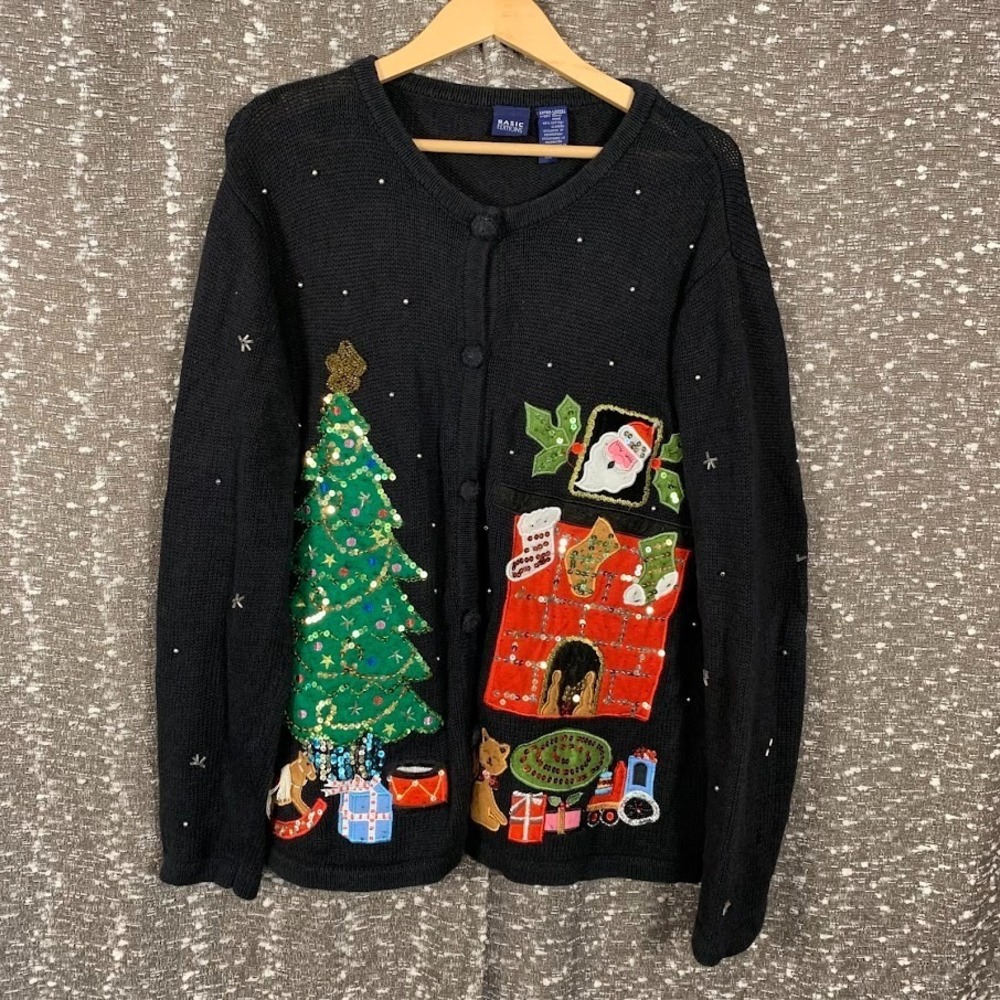 Basic Editions Knit Button Up Sweater Christmas Holiday Embellished Women's XL